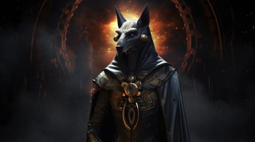 Anubis exorcism horror Egipt at night dark priest planets at background souls of dead soldiers cosmic science fiction style hd