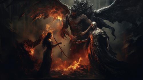 Lord of fear Aspen fighting with devil and angel horror dark style