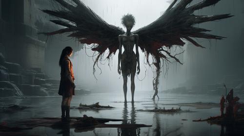 A brain-damaged angel argues with a demon in a swampy hell Cyberpunk hd