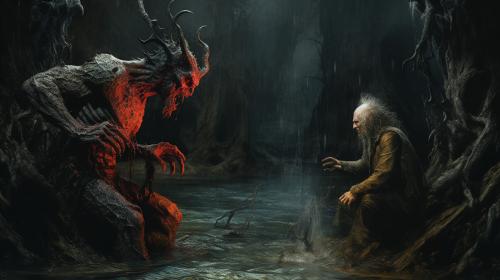 A brain-damaged devil argues with a demon in a swampy hell  hd