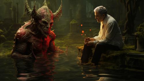 A brain-damaged devil argues with a demon in a swampy hell  hd