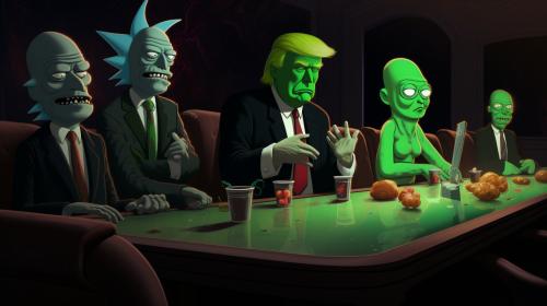 Rick and morty, Andrew Tate with cigar, Donald Trump, Joe Rogan, Darth Vader, Elon Musk, The Joker, Snoop Dogg, sitting around the discussion table discussing the world in ultra realistic 4k