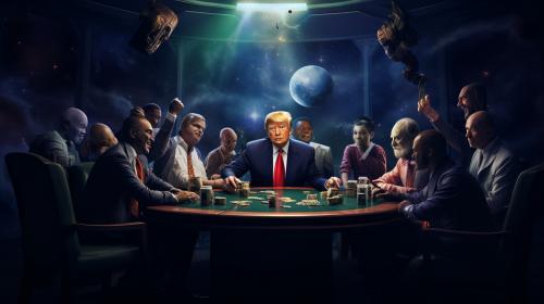 Andrew Tate with cigar, Donald Trump, Joe Rogan, Elon Musk, The Joker, Snoop Dogg, sitting around the discussion table discussing the world in ultra realistic 4k galaxy room