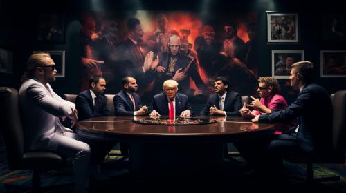 Andrew Tate with cigar, Donald Trump, Joe Rogan, Elon Musk, The Joker, Snoop Dogg, sitting around the discussion table discussing the world in ultra realistic 4k galaxy room