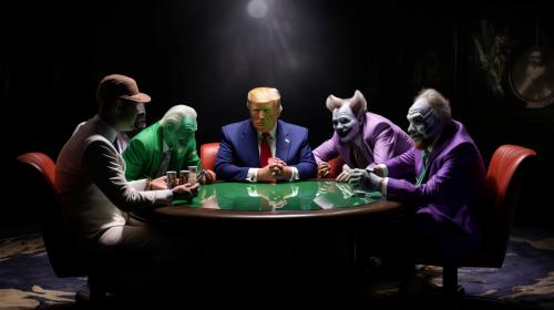 Andrew Tate with cigar, Donald Trump, Joe Rogan, Elon Musk, The Joker, Snoop Dogg, sitting around the discussion table discussing the world in ultra realistic 4k galaxy room