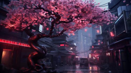 Cyberpunk abandoned tokyo with a sreet light shining on a cherry blossom tree