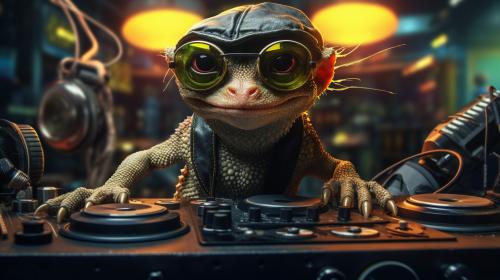 Ultra realistic 4k Cyberpunk geckos On dj turn tables