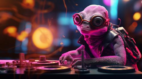 Ultra realistic 4k Cyberpunk geckos On dj turn tables