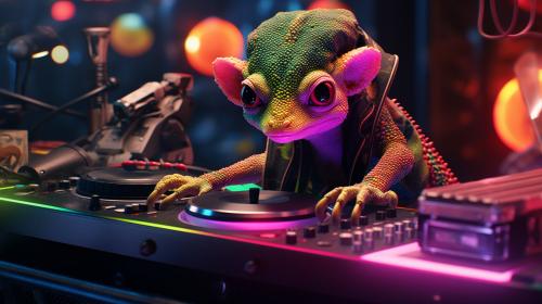 Ultra realistic 4k Cyberpunk geckos On dj turn tables