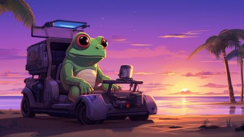 A Purple anime Frog and green anime gecko helping people with their tech problems, delivering tech solutions from the back of a futuristic vehicle. at a beach at sunrise on a tropical island.