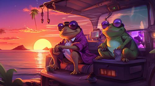 A Purple anime Frog and green anime gecko helping people with their tech problems, delivering tech solutions from the back of a futuristic vehicle. at a beach at sunrise on a tropical island.