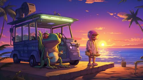 A Purple anime Frog and green anime gecko helping people with their tech problems, delivering tech solutions from the back of a futuristic vehicle. at a beach at sunrise on a tropical island.