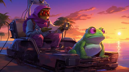 A Purple anime Frog and green anime gecko helping people with their tech problems, delivering tech solutions from the back of a futuristic vehicle. at a beach at sunrise on a tropical island.