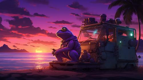 A Purple anime Frog sitting next to a  green anime gecko, delivering tech solutions from the back of a  large futuristic vehicle. at a beach at sunrise on a tropical island.