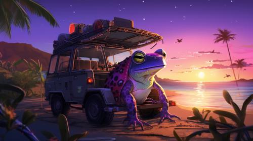 A Purple anime Frog sitting next to a  green anime gecko, delivering tech solutions from the back of a  large futuristic vehicle. at a beach at sunrise on a tropical island.