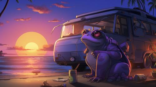 A Purple anime Frog sitting next to a  green anime gecko, delivering tech solutions from the back of a  large futuristic vehicle. at a beach at sunrise on a tropical island.