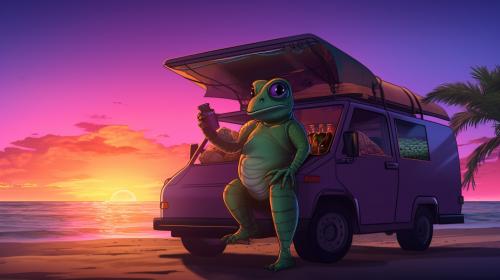   green and purple anime gecko, delivering gluten free pizza from the back of a  large futuristic eco friendly 4x4 vehicle. at a beach at sunrise on a tropical island.