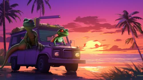   green and purple anime gecko, delivering gluten free pizza from the back of a  large futuristic eco friendly 4x4 vehicle. at a beach at sunrise on a tropical island.