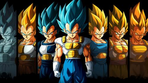 Vegeta side by side with his different super saiyan forms, base form, super saiyan, super saiyan 4, super saiyan god, super Saiyan blue, super saiyan blue evolved, as much details as possible, masterpiece, dragon ball gt, dragons ball super