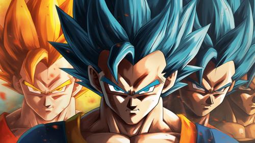 Vegeta side by side with his different super saiyan forms, base form, super saiyan, super saiyan 4, super saiyan god, super Saiyan blue, super saiyan blue evolved, as much details as possible, masterpiece, dragon ball gt, dragons ball super