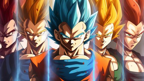 Vegeta side by side with his different super saiyan forms, base form, super saiyan, super saiyan 4, super saiyan god, super Saiyan blue, super saiyan blue evolved, as much details as possible, masterpiece, dragon ball gt, dragons ball super