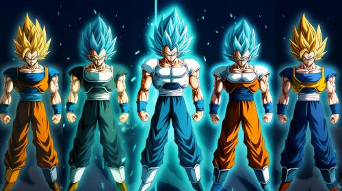 Vegeta side by side with his different super saiyan forms, base form, super saiyan, super saiyan 4, super saiyan god, super Saiyan blue, super saiyan blue evolved, as much details as possible, masterpiece, dragon ball gt, dragons ball superPerfect details no defects