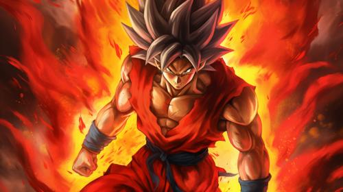 Goku super saiyan 4, red tail, red fur on body except covering abs,fighting pose, yellow eyes, crimson red energy aura surrounding body, perfect details, excitement, yellow pants blue belt, powerful, no defect details, super Saiyan 4 goku hair, black hair