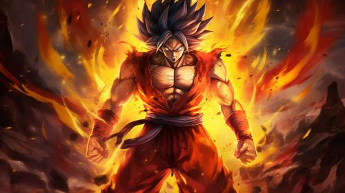 Goku super saiyan 4, red tail, red fur on body except covering abs,fighting pose, yellow eyes, crimson red energy aura surrounding body, perfect details, excitement, yellow pants blue belt, powerful, no defect details, super Saiyan 4 goku hair, black hair