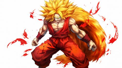 Goku super saiyan 4, crimson monky tail, crimson fur on body, fur will not cover abs,no shirt,fighting pose, yellow eyes, crimson red energy aura surrounding body, perfect details, excitement, yellow pants blue belt, powerful, no defect details, super Saiyan 4 goku hair, black hair