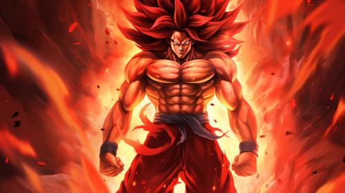 Goku super saiyan 4, crimson monky tail, crimson fur on body, fur will not cover abs,no shirt,fighting pose, yellow eyes, crimson red energy aura surrounding body, perfect details, excitement, yellow pants blue belt, powerful, no defect details, super Saiyan 4 goku hair, black hair