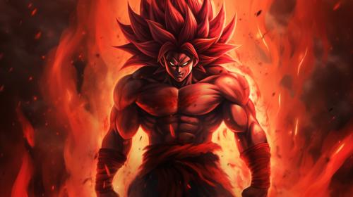 Goku super saiyan 4, crimson monky tail, crimson fur on body, fur will not cover abs,no shirt,fighting pose, yellow eyes, crimson red energy aura surrounding body, perfect details, excitement, yellow pants blue belt, powerful, no defect details, super Saiyan 4 goku hair, black hair