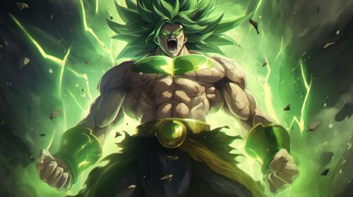 Broly, dragon ball super : Broly, sparkles green energy around body, no pupils,  dark green hair, screaming, shattered background, scar on left chest, rage, powerful figure, bulky, powering up