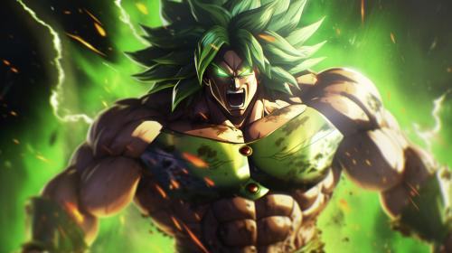 Broly, dragon ball super : Broly, sparkles green energy around body, no pupils,  dark green hair, screaming, shattered glass background, scar on left chest, rage, powerful figure, bulky, powering up,perfect details, no defects