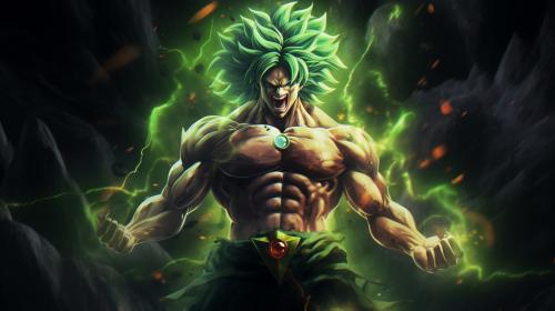 Broly, dragon ball super : Broly, sparkles green energy around body, no pupils,  dark green hair, screaming, shattered glass background, scar on left chest, rage, powerful figure, bulky, powering up,perfect details, no defects