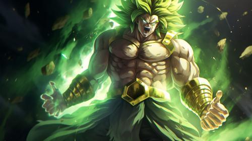 Broly, dragon ball super : Broly, sparkles green energy around body, no pupils,  dark green hair, screaming, shattered glass background, scar on left chest, rage, powerful figure, bulky, powering up,perfect details, no defects