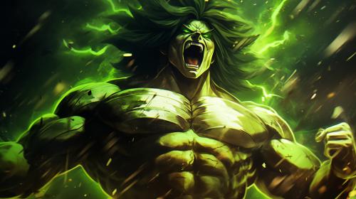 Broly, dragon ball super : Broly, sparkles green energy around body, no pupils,  dark green hair, screaming, shattered glass background, scar on left chest, rage, powerful figure, bulky, powering up,perfect details, no defects, no