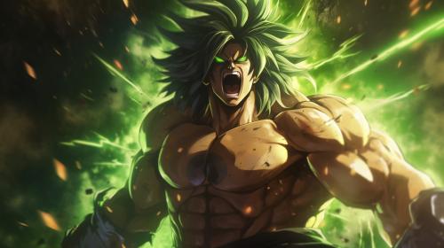 Broly, dragon ball super : Broly, sparkles green energy around body, no pupils,  dark green hair, screaming, shattered glass background, scar on left chest, rage, powerful figure, bulky, powering up,perfect details, no defects, no