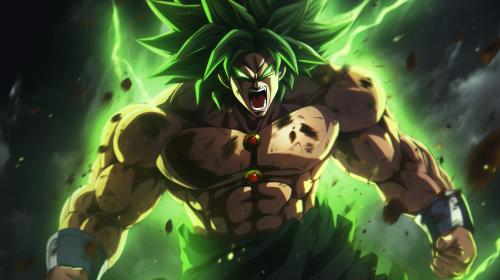 Broly, dragon ball super : Broly, sparkles green energy around body, no pupils,  dark green hair, screaming, shattered glass background, scar on left chest, rage, powerful figure, bulky, powering up,perfect details, no defects, no