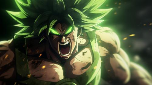 Broly, dragon ball super : Broly, sparkles green energy around body, no pupils,  dark green hair, screaming, shattered glass background, scar on left chest, rage, powerful figure, bulky, powering up,perfect details, no defects, no