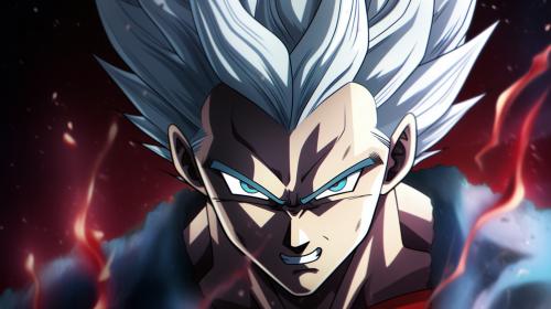 Gohan beast from the dragon ball super: Super heros movie, white hair, red eyes, special beam canon, red and blue energy beam, perfect details,