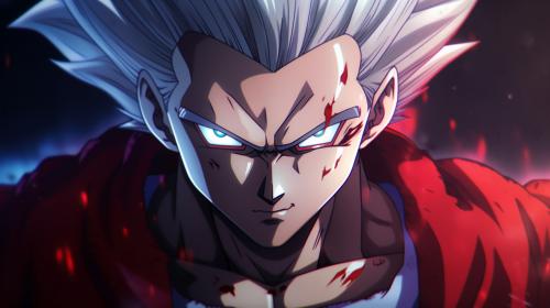 Gohan beast from the dragon ball super: Super heros movie, white hair, red eyes, special beam canon, red and blue energy beam, perfect details,