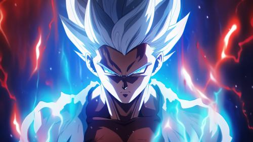 Gohan beast from the dragon ball super: Super heros movie, white hair, red eyes, special beam canon, red and blue energy beam, perfect details,