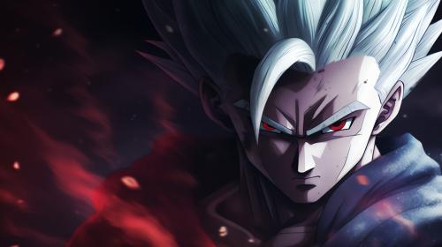 Gohan beast from the dragon ball super: Super heros movie, white hair, red eyes, special beam canon, red and blue energy beam, perfect details,