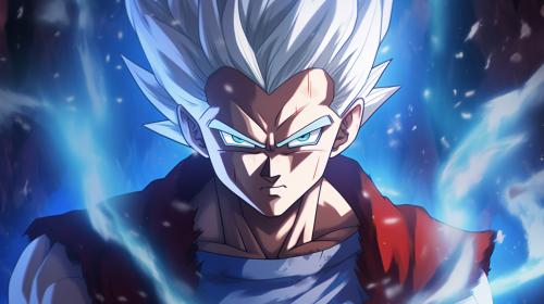 Gohan beast from the dragon ball super: Super heros movie, white hair, red eyes, special beam canon, red and blue energy beam, perfect details,