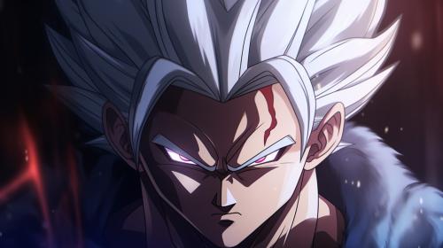 Gohan beast from the dragon ball super: Super heros movie, white hair, red eyes, special beam canon, red and blue energy beam, perfect details,