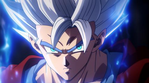 Gohan beast from the dragon ball super: Super heros movie, white hair, red eyes, special beam canon, red and blue energy beam, perfect details,no defects