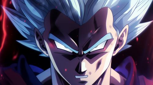 Gohan beast from the dragon ball super: Super heros movie, white hair, red eyes, special beam canon, red and blue energy beam, perfect details,no defects