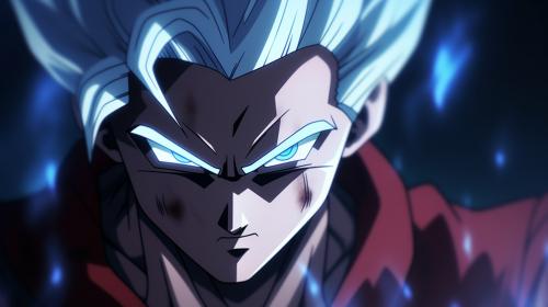 Gohan beast from the dragon ball super: Super heros movie, white hair, red eyes, special beam canon, red and blue energy beam, perfect details,no defects