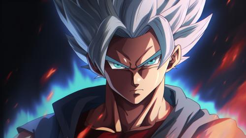 Gohan beast from the dragon ball super: Super heros movie, white hair, red eyes, special beam canon, red and blue energy beam, perfect details,no defects, 1 hair bang,