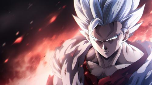 Gohan beast from the dragon ball super: Super heros movie, white hair, red eyes, special beam canon, red and blue energy beam, perfect details,no defects, 1 hair bang,